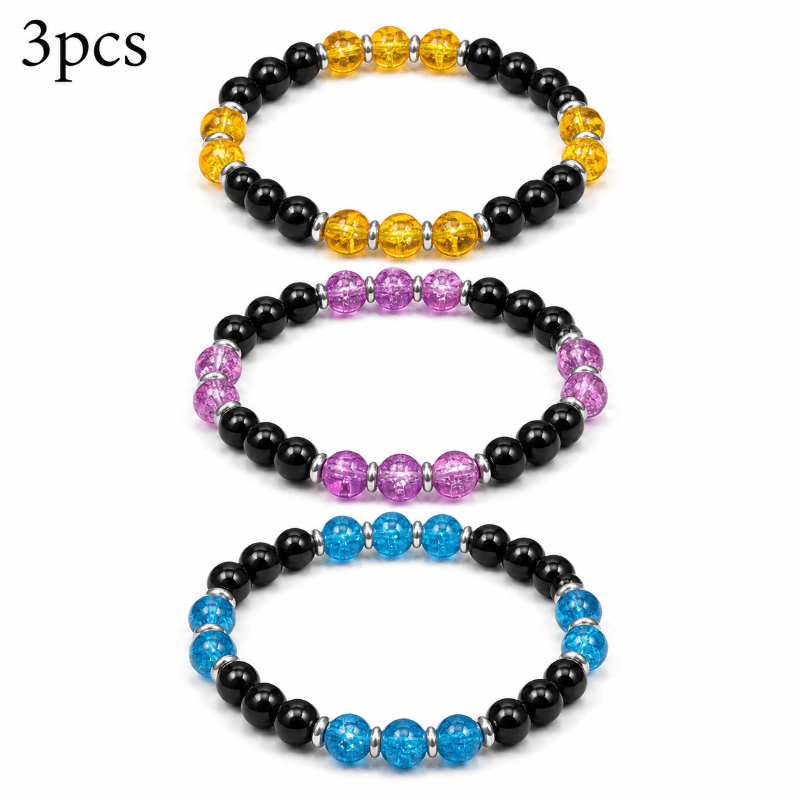 3pc Colored Exploding Bead Elastic Bracelet Set, Unisex Casual